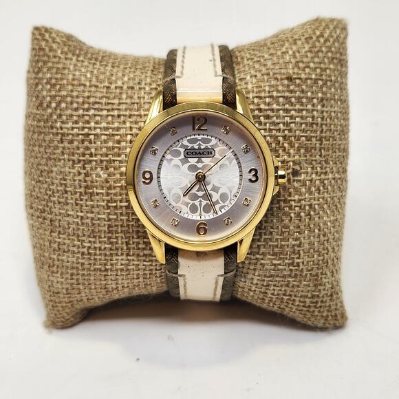 Coach Classic Signature Womens Watch Brown Cream Leather 32mm Round Face - Picture 1 of 9